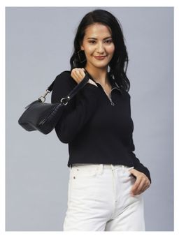 RIGO - Women Black High Collar Half Zipper Waffle Knit Top