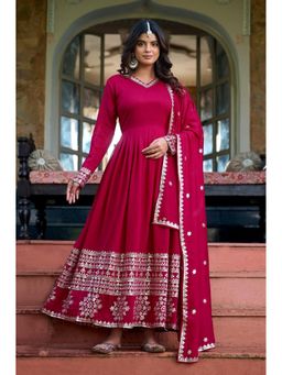 Anveri Textiles - Women's Rani Pink Embroidered Anarkali Kurta with Dupatta