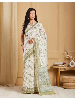 Fabindia - Off White Cotton Silk Hand Block Printed Saree Without Blouse