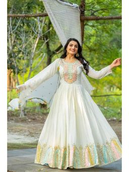 Anveri Textiles - Cream Embroidered Pastel Border Anarkali Kurta with Dupatta