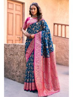 Mysilklove - Argentinian Blue Woven Banarasi Soft Silk Saree with Unstitched Blouse