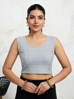 Trendmalls - Polyester Elastane Zari Stretchable Ready To Wear Silver Blouse