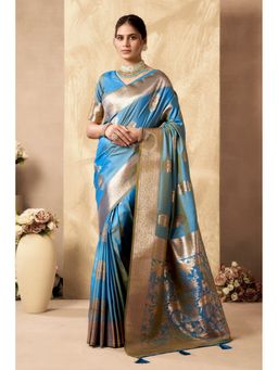 Mysilklove - Pigment Blue Woven Banarasi Soft Silk Saree with Unstitched Blouse