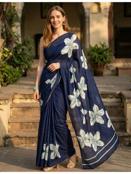 Hella Fashions - Navy Crepe Silk Saree with Unstitched Blouse