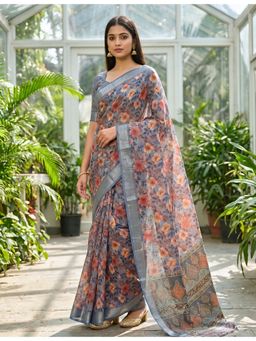 Hella Fashions - Light Blue Linen Saree with Unstitched Blouse