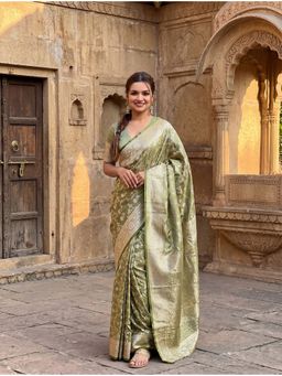 AMRUTKALA SAREES - Green Designer Banarasi Silk Kanjivaram Solid Saree with Unstitched Blouse
