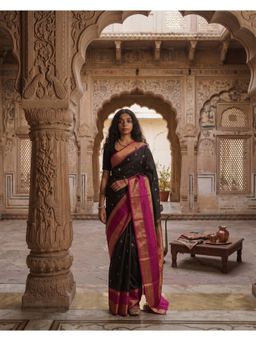 AMRUTKALA SAREES - Black Designer Banarasi Silk Kanjivaram Solid Saree with Unstitched Blouse