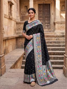 AMRUTKALA SAREES - Black Designer Banarasi Silk Kanjivaram Solid Saree with Unstitched Blouse