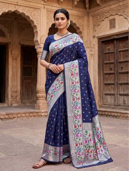 AMRUTKALA SAREES - Blue Banarasi Silk Kanjivaram Solid Saree with Unstitched Blouse