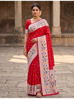 AMRUTKALA SAREES - Red Designer Banarasi Silk Kanjivaram Solid Saree with Unstitched Blouse