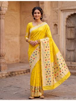 AMRUTKALA SAREES - Yellow Designer Banarasi Silk Kanjivaram Solid Saree with Unstitched Blouse