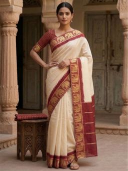 AMRUTKALA SAREES - Maroon Banarasi Silk Kanjivaram Solid Saree with Unstitched Blouse