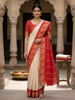 AMRUTKALA SAREES - Red Designer Banarasi Silk Kanjivaram Solid Saree with Unstitched Blouse
