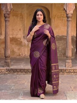 AMRUTKALA SAREES - Maroon Designer Banarasi Silk Kanjivaram Solid Saree with Unstitched Blouse