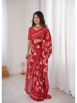 AMRUTKALA SAREES - Red Designer Cotton Silk Printed Saree with Unstitched Blouse