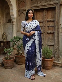 AMRUTKALA SAREES - White-Blue Designer Linen Printed Solid Saree with Unstitched Blouse