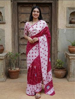 AMRUTKALA SAREES - White-Pink Designer Linen Printed Solid Saree with Unstitched Blouse