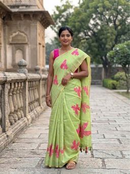AMRUTKALA SAREES - Green Designer Linen Printed Solid Saree with Unstitched Blouse