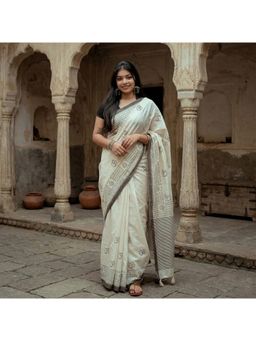 AMRUTKALA SAREES - White Designer Linen Printed Solid Saree with Unstitched Blouse