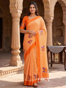 AMRUTKALA SAREES - Orange Designer Linen Printed Solid Saree with Unstitched Blouse