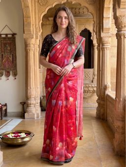 AMRUTKALA SAREES - Red Designer Linen Printed Solid Saree with Unstitched Blouse