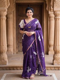 AMRUTKALA SAREES - Purple Designer Linen Printed Solid Saree with Unstitched Blouse