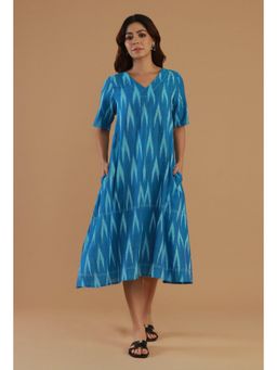 Tjori - Blue Ikat Cotton A-Line Dress
