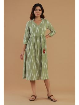 Tjori - Sage Green Ikat Cotton Wrap Dress