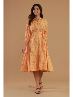 Tjori - Peach Ikat Cotton Tiered Shirt Dress with Belt