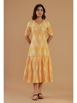 Tjori - Mustard Ikat Cotton V-Neck Tiered Dress