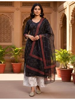 Ushvii - Hand Block Print Black Unstitched Kurta and Unstitched Pant with Dupatta