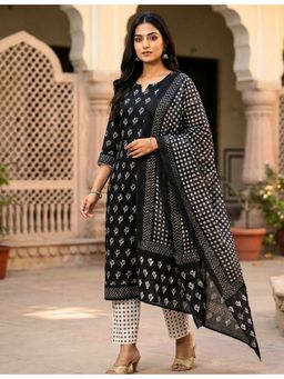 Ushvii - Hand Block Black Print Unstitched Kurta and Unstitched Pant with Dupatta