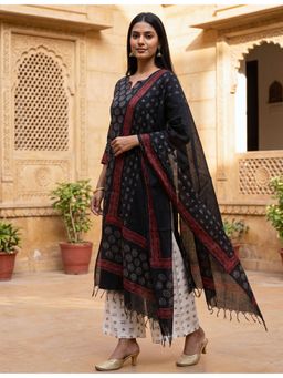 Ushvii - Black Hand Block Print Unstitched Kurta and Unstitched Pant with Dupatta