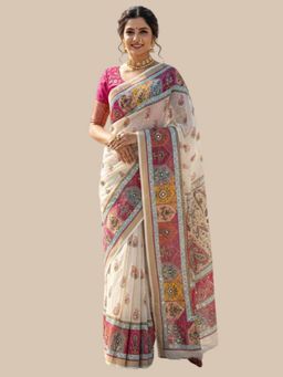 Odette - Off White Silk Printed Saree with Unstitched Blouse