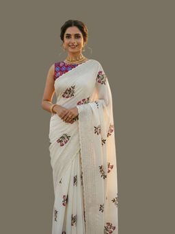 Odette - White Silk Embroidered Saree with Unstitched Blouse