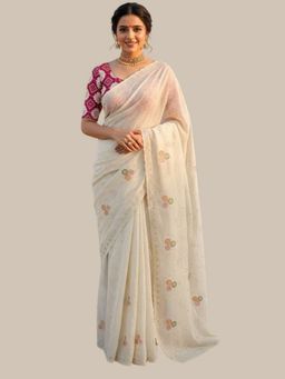 Odette - White Silk Embroidered Saree with Unstitched Blouse
