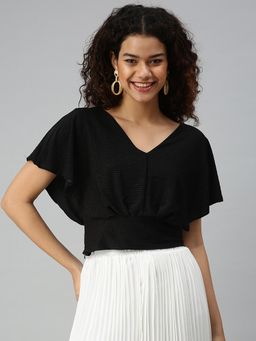 SHOWOFFFF - Women V-Neck Flare Sleeves Self Design Black Top