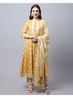 Rajnandini - Cambric Cotton Jaipuri Printed Kurta With Dupatta - Mustard (Set of 3)