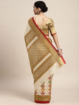 Odette - Silk Blend Beige Printed Saree with Unstitched Blouse