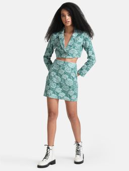 Kazo - Green Tonal Jacquard Cropped Blazer Jacket