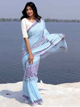 Sooti Syahi - Organic Breeze Block Printed Cotton Saree with Unstitched Blouse