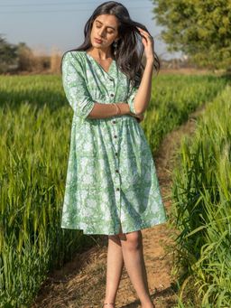 Sooti Syahi - Sea Sage Block Printed Cotton Dress