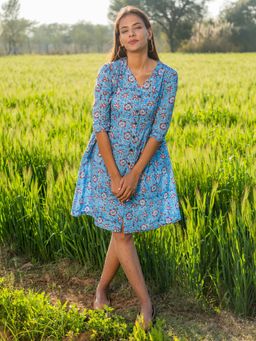 Sooti Syahi - Bloom In The Sky Block Printed Cotton Dress