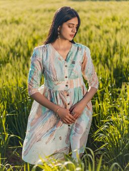 Sooti Syahi - Flow Rust Handmarble Printed Cotton Dress