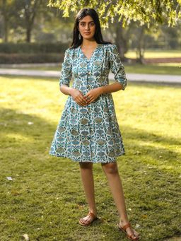 Sooti Syahi - Lotus In The Lake Block Printed Cotton Dress