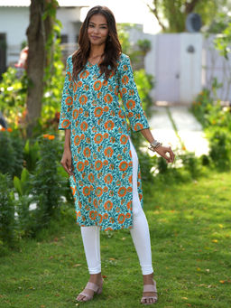 Sooti Syahi - Green Infused Verde Block Printed Cotton Kurta