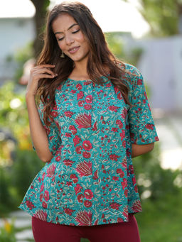 Sooti Syahi - Turquoise Wineblock Printed Cotton Top