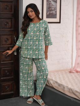 Sooti Syahi - Aquamarine Rush Block Printed Cotton Top and Pant (Set of 2)