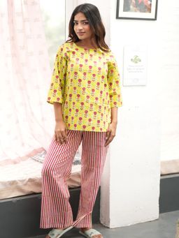 Sooti Syahi - Ferny Scarlet Block Printed Cotton Top and Pant (Set of 2)