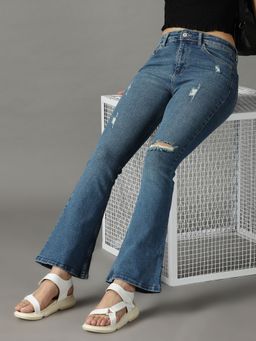 SHOWOFFFF - Women's Stretchable Mildly Distressed Blue Bootcut Jeans